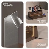 Product packaging with peel off film, desk setup, and USB power indicator.